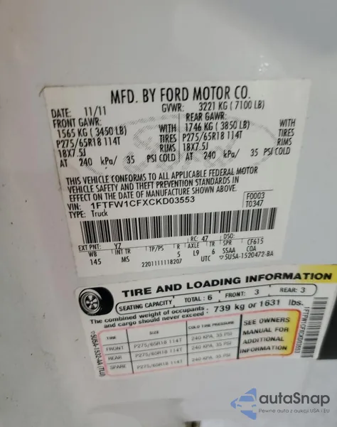 2012 Ford F150 Supercrew from USA, damaged, VIN 1FTFW1CFXCKD03553